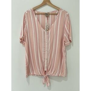 Como Vintage Top Womens Large Pink Collarless Button Up Tie‎ Waist Soft NWT